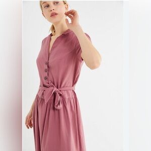 Urban Outfitters Natalie Linen Shirt Dress Short Sleeve Brick Red Small Petite